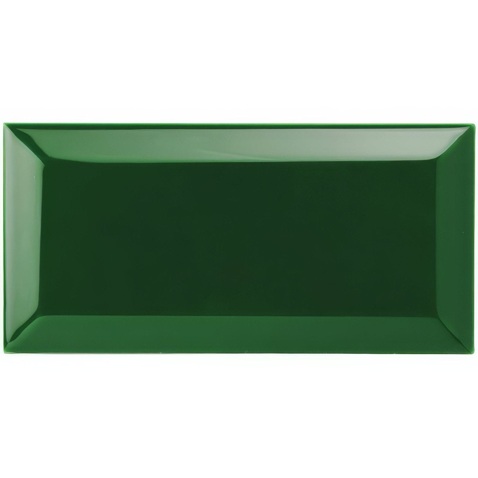 A sleek glossy forest green rectangular ceramic serving platter with raised edges from victorian green metro bevelled tile
