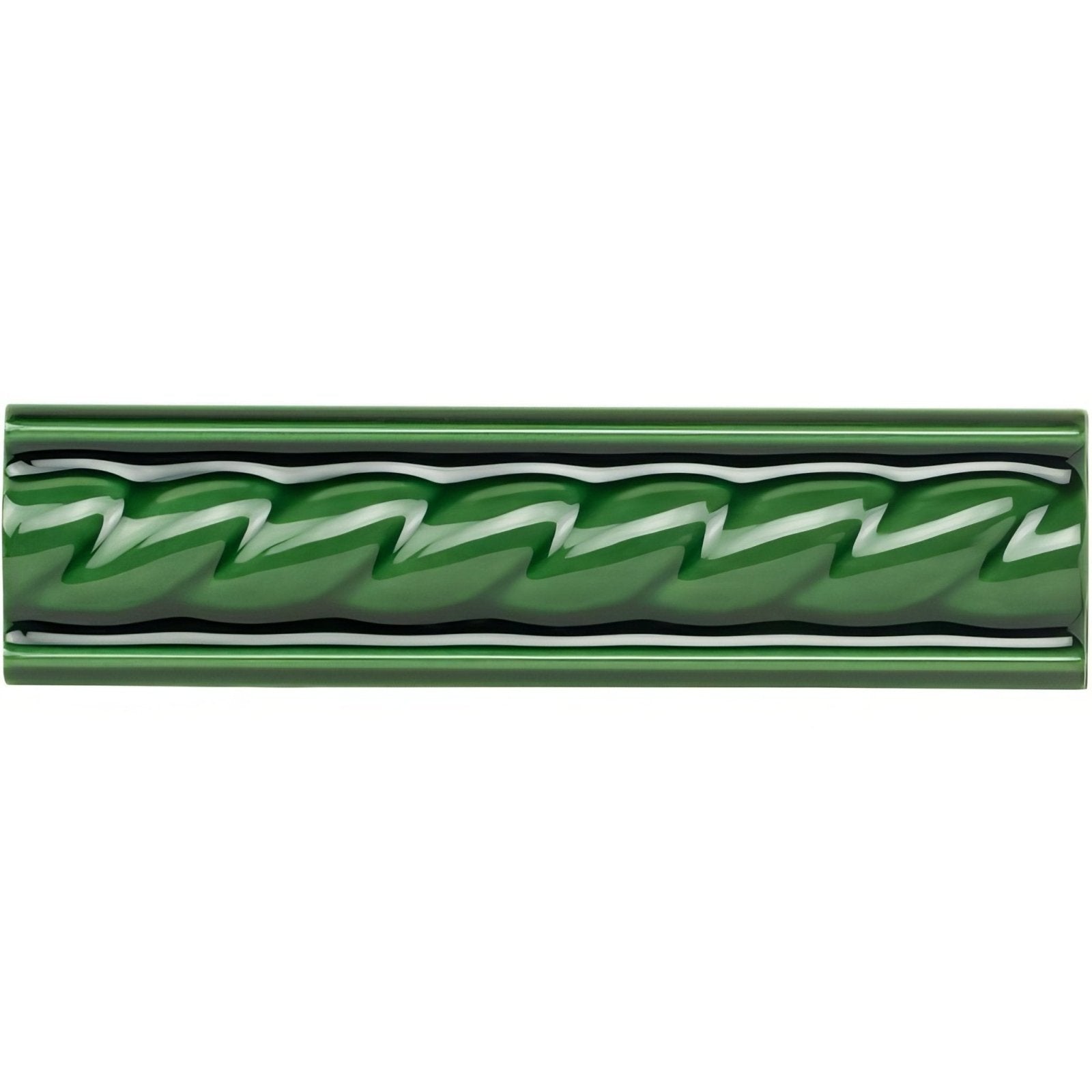 Victorian green rope moulding ceramic tile with glossy finish and embossed wavy pattern accented by white and black lines