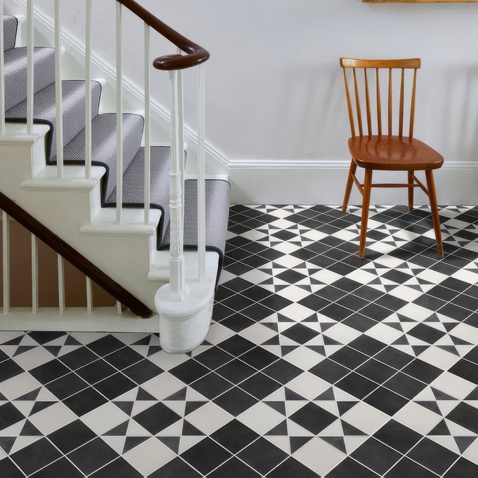 Victorian style porcelain anthracite field floor tiles with black and white geometric pattern for elegant interior floors