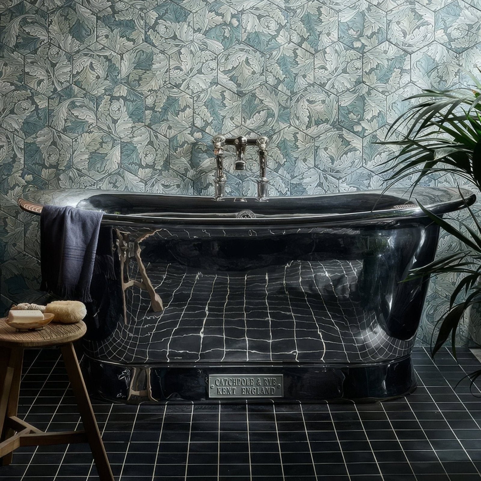 Victorian Style Porcelain Anthracite Field black porcelain field tiles with a black cast iron bathtub