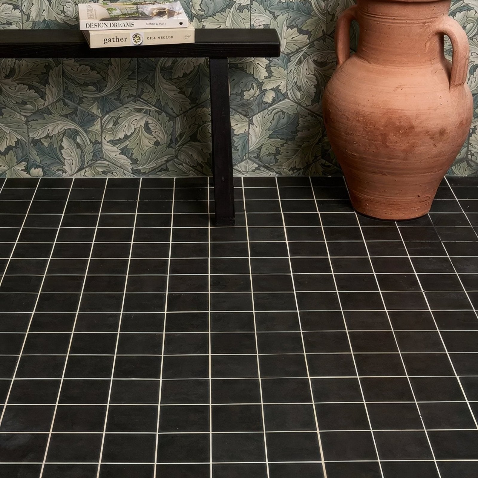 Victorian Style Porcelain Anthracite Field black porcelain field tiles with a terracotta vase