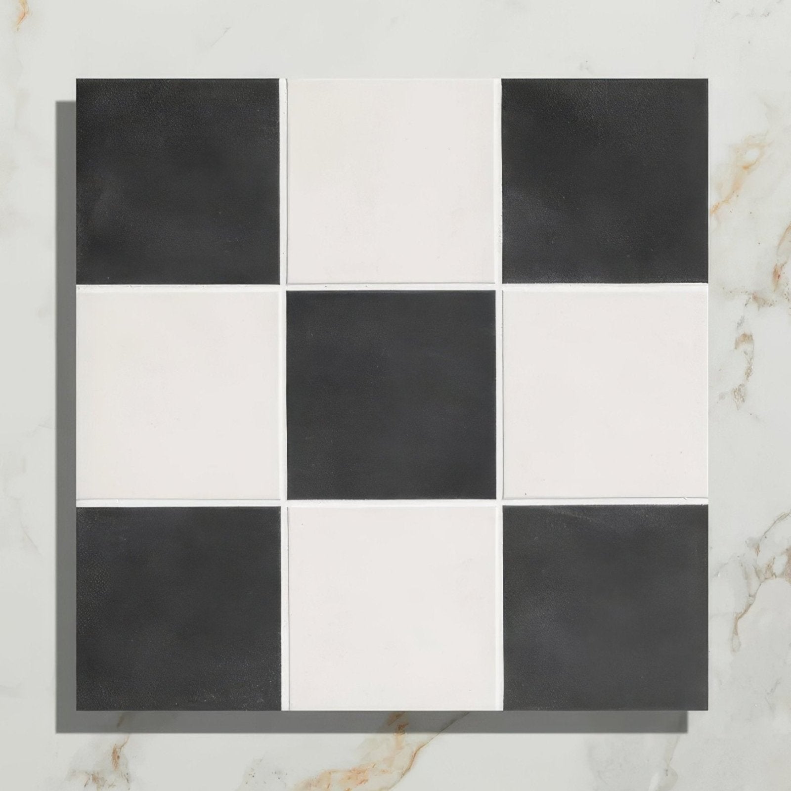 Victorian style porcelain chess mono a featuring black and white square mosaic tiles in a checkerboard pattern