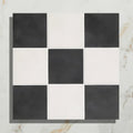 Victorian style porcelain chess mono a featuring black and white square mosaic tiles in a checkerboard pattern