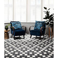Victorian Style Porcelain Chess Mono B black and white checkerboard tiles with blue velvet armchairs