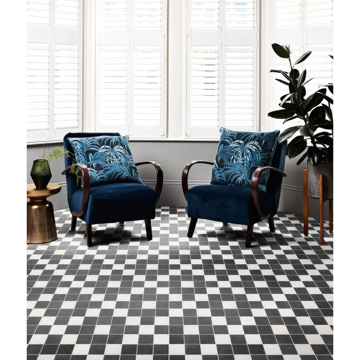 Victorian Style Porcelain Chess Mono B black and white checkerboard tiles with blue velvet armchairs
