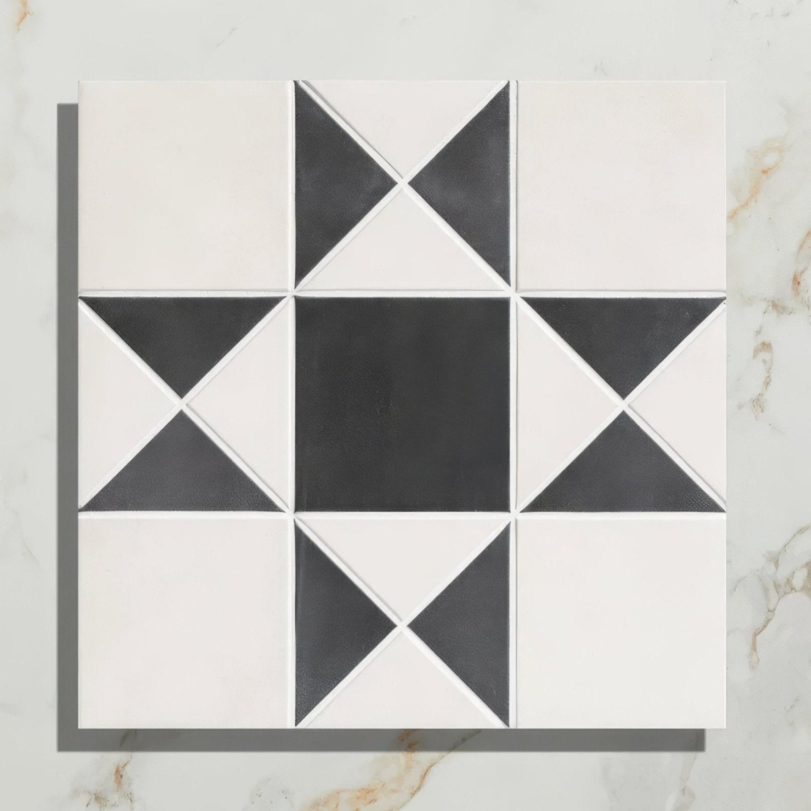 Victorian style porcelain cotton white black and white geometric mosaic tile with starburst pattern