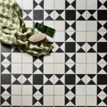 Victorian style porcelain floor tiles in cotton white with a black and white geometric finchley pattern