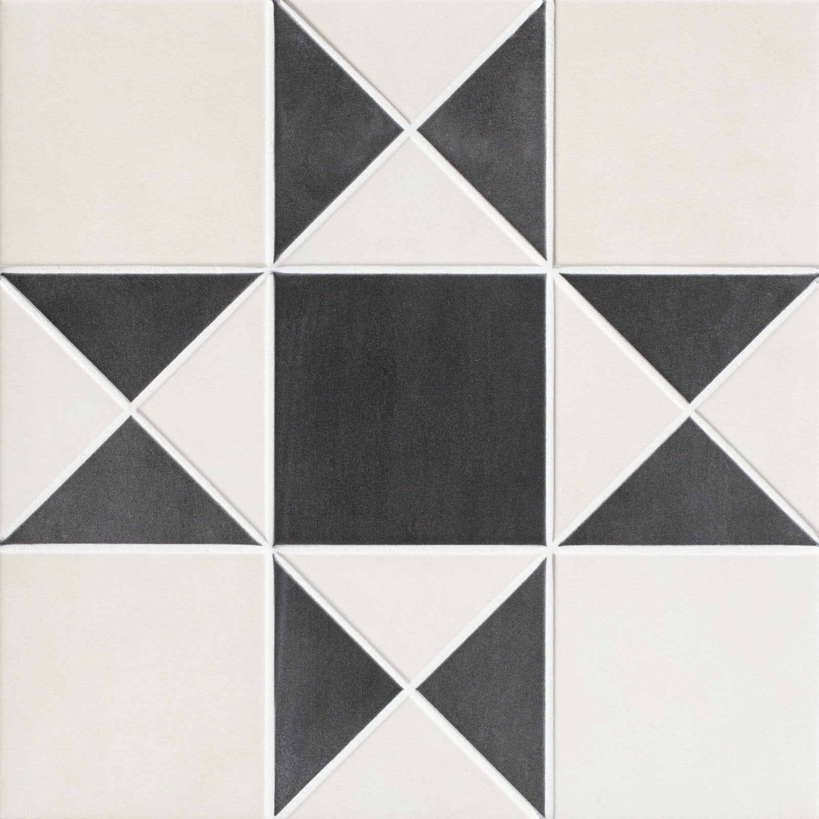 Black and white geometric mosaic tile with star-like pattern in victorian style porcelain finchley pattern cotton white
