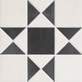 Black and white geometric mosaic tile with star-like pattern in victorian style porcelain finchley pattern cotton white