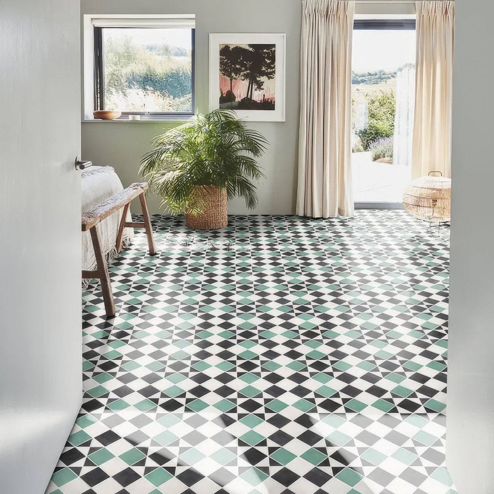 Victorian style porcelain finchley pattern floor tiles with geometric black white and mint green design
