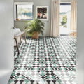 Victorian style porcelain finchley pattern floor tiles with geometric black white and mint green design