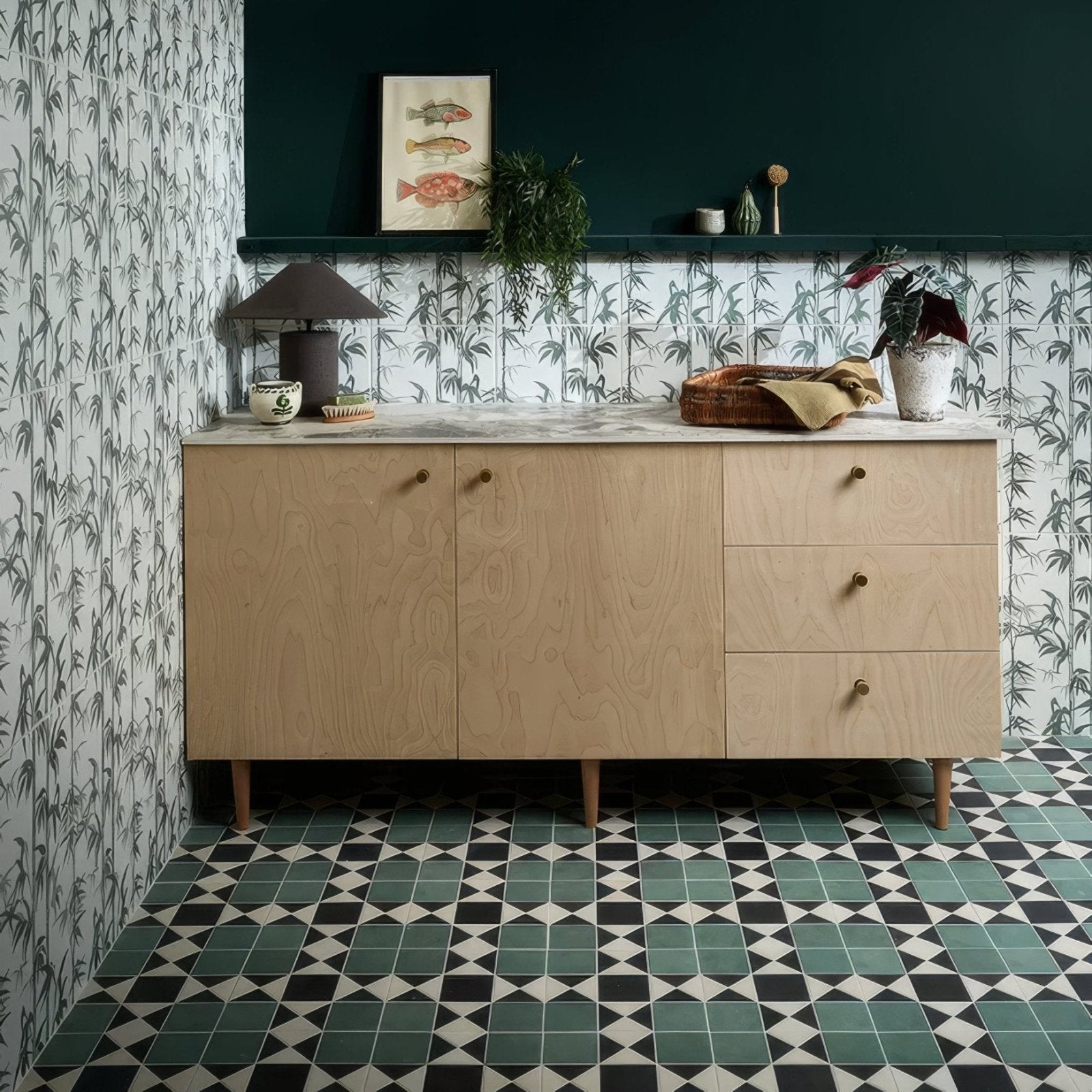 Victorian Style Porcelain Finchley Pattern Forest Green green geometric tiles with a wood cabinet and marble countertop