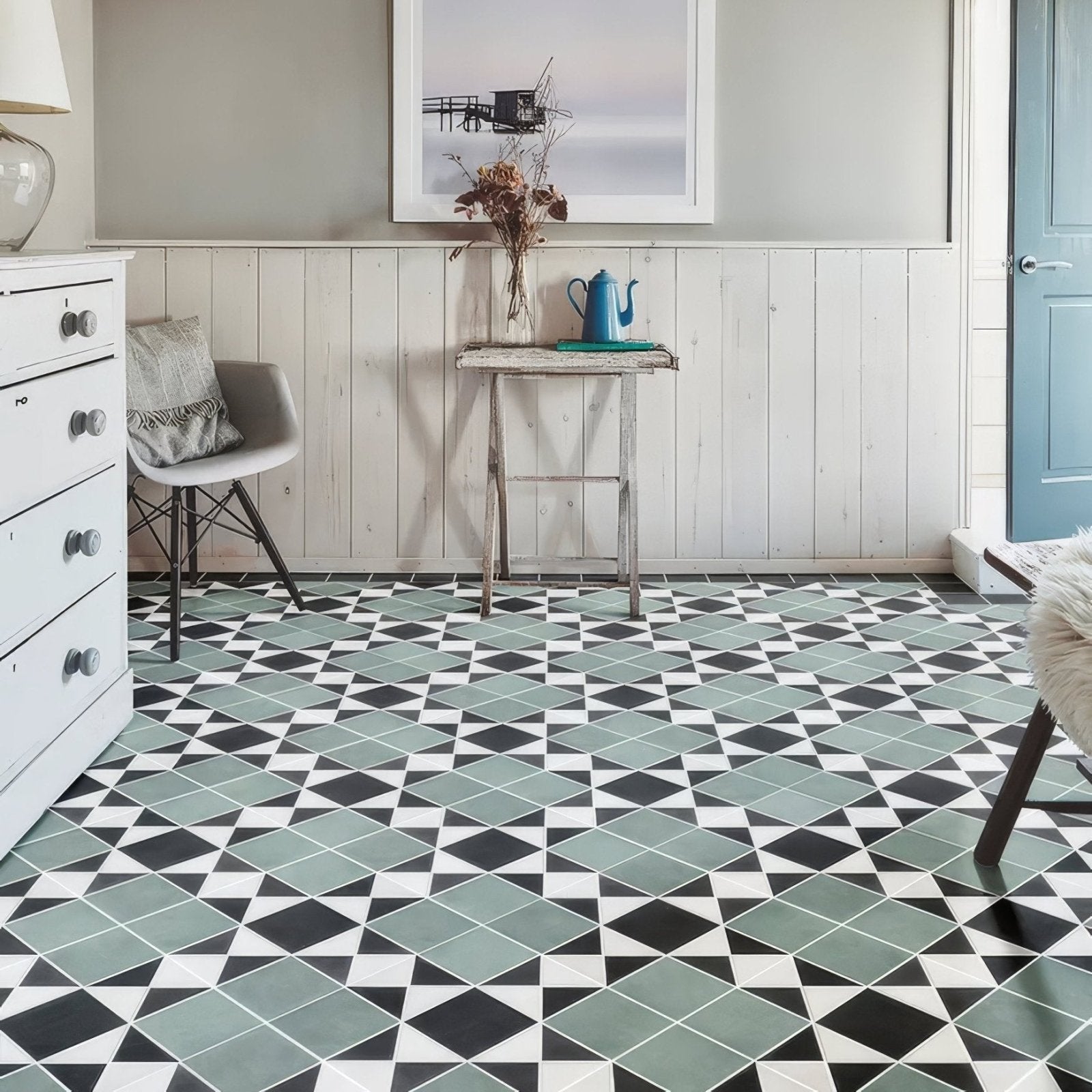 Victorian style porcelain Finchley pattern floor tiles in black white and sage green with geometric design