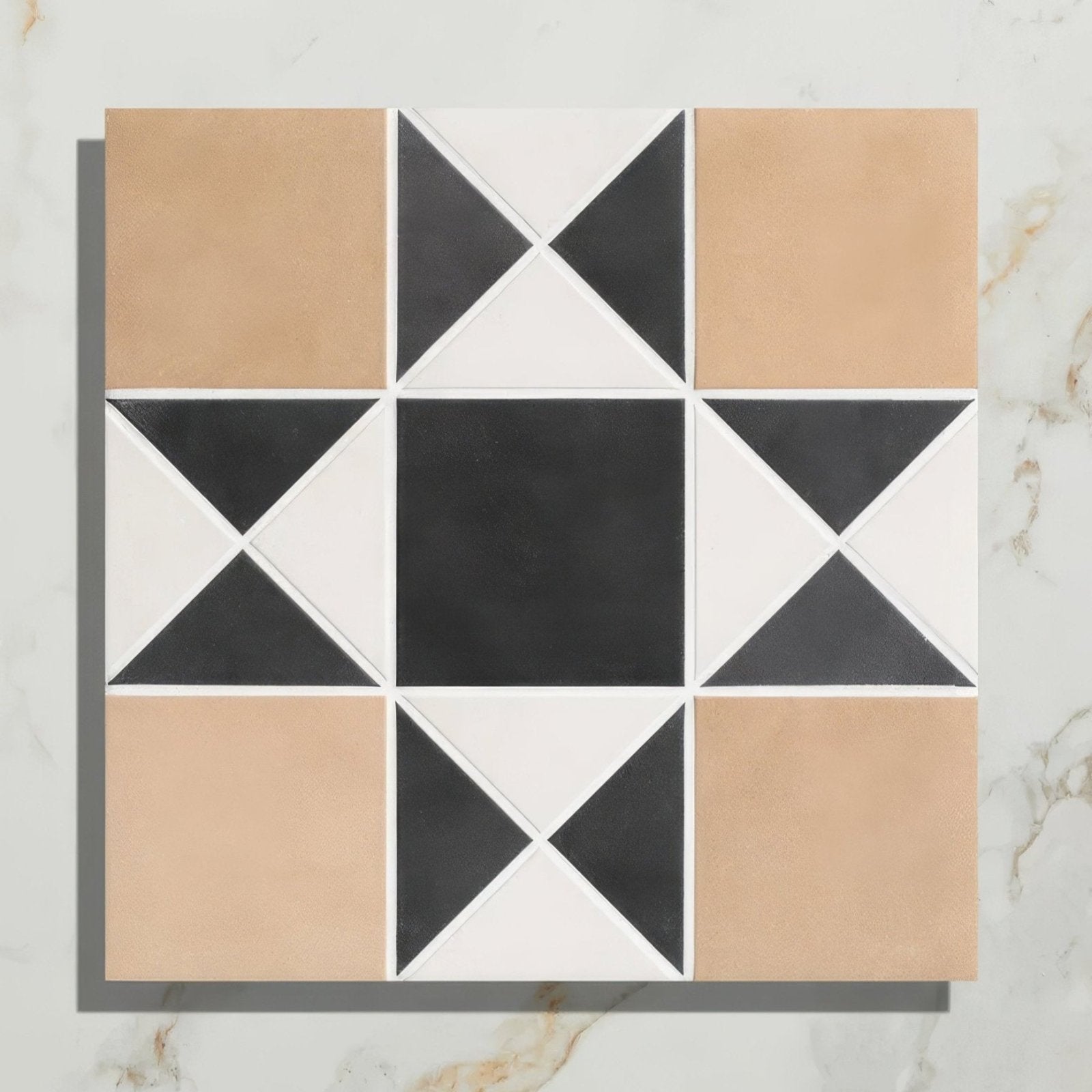 Victorian style porcelain finchley pattern sandstone tile with central black square and beige framed geometric design