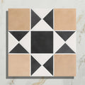 Victorian style porcelain finchley pattern sandstone tile with central black square and beige framed geometric design