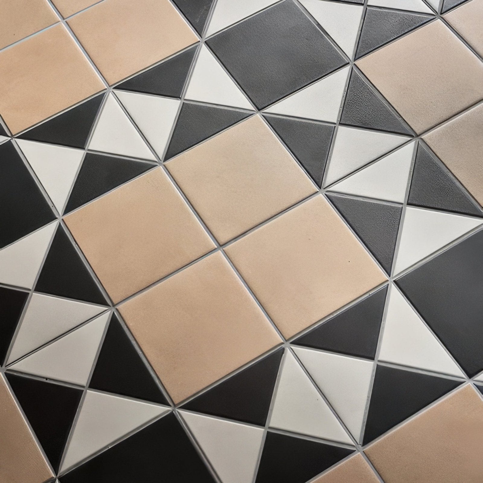 Victorian style porcelain finchley pattern sandstone tile with beige black and white geometric mosaic diamond design
