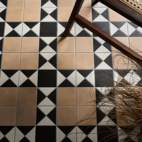 Victorian style porcelain finchley pattern sandstone floor tiles with geometric black white and terracotta diamond design