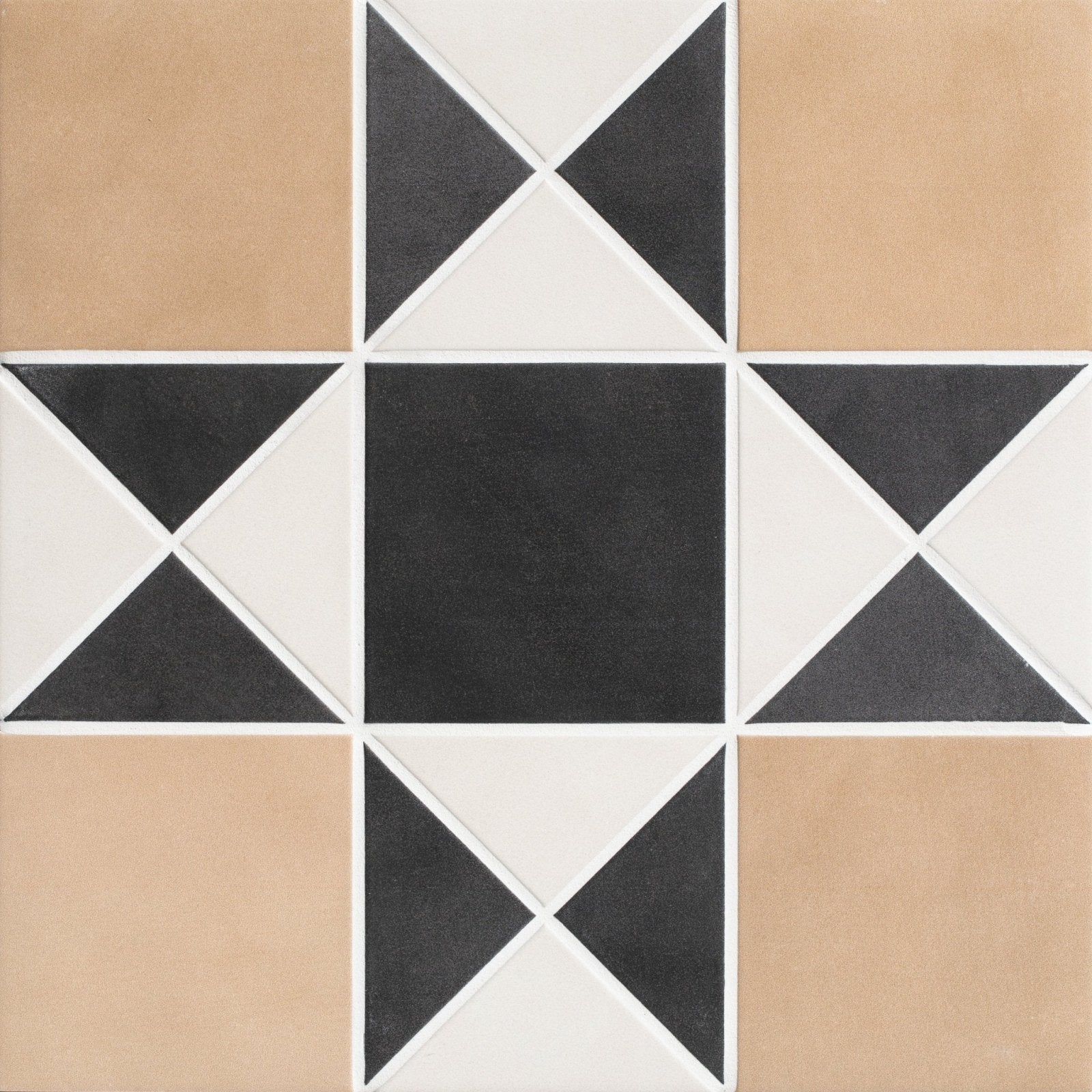 Victorian style porcelain finchley pattern sandstone tile with black square and beige white x-shape geometric design