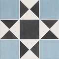 Victorian style porcelain floor tile in finchley pattern featuring blue black and white geometric design