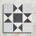 Black and white geometric starburst pattern on victorian style porcelain finchley pattern soft grey tile