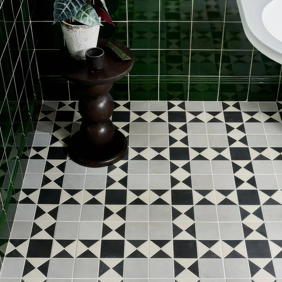 Victorian style porcelain finchley pattern floor tiles with black and white classic diamond geometric design in soft grey