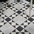 Victorian style porcelain finchley pattern soft grey floor tiles with black and white diamond geometric design