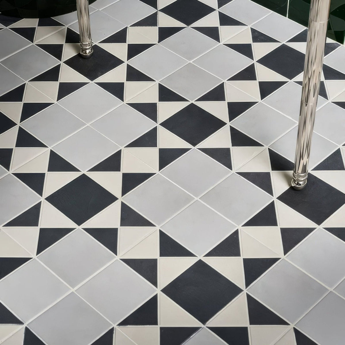 Victorian style porcelain finchley pattern soft grey floor tiles with black and white diamond geometric design