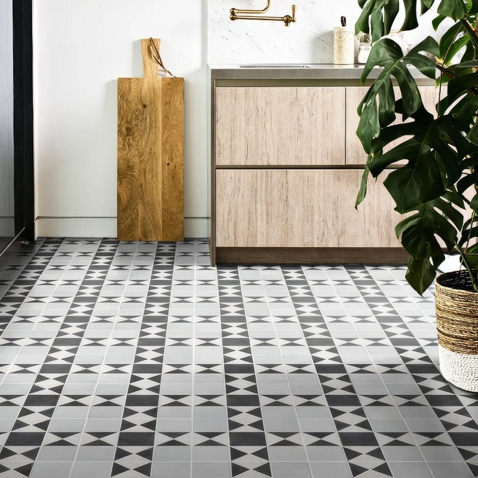 Black and white Victorian style porcelain floor tiles with geometric Finchley pattern in soft grey color