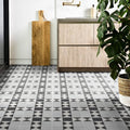 Black and white Victorian style porcelain floor tiles with geometric Finchley pattern in soft grey color