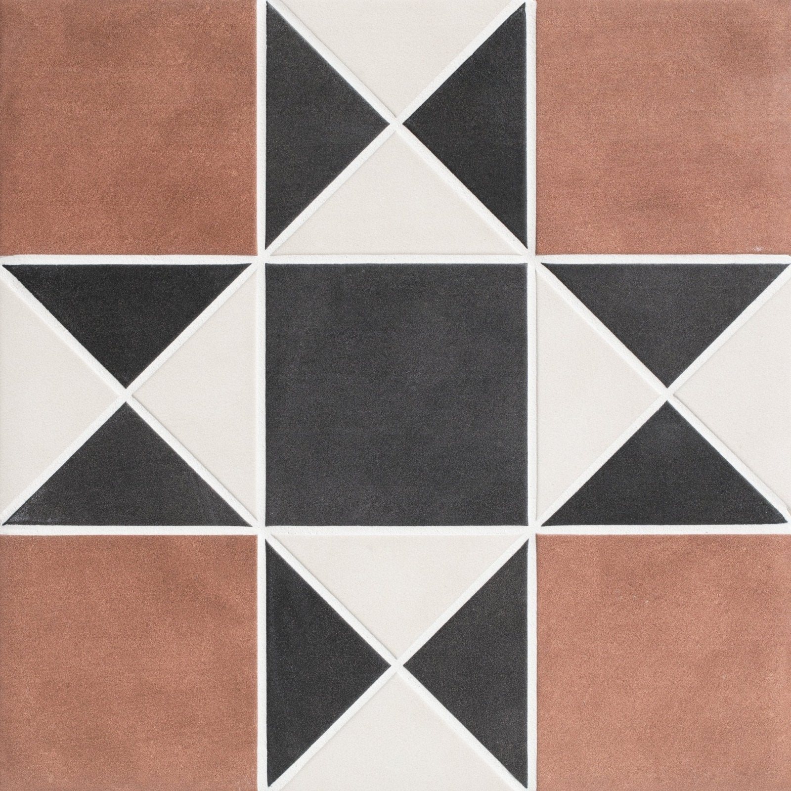 Victorian style porcelain finchley pattern floor tile with terracotta and black geometric design with white grout lines