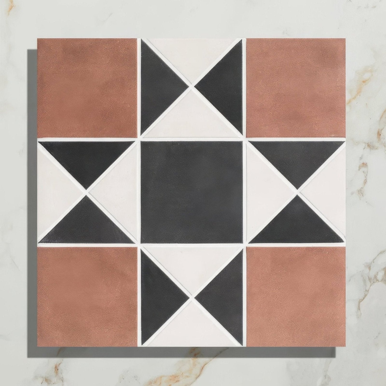 Victorian style porcelain finchley pattern tile with terracotta black and white vintage inspired star geometric design