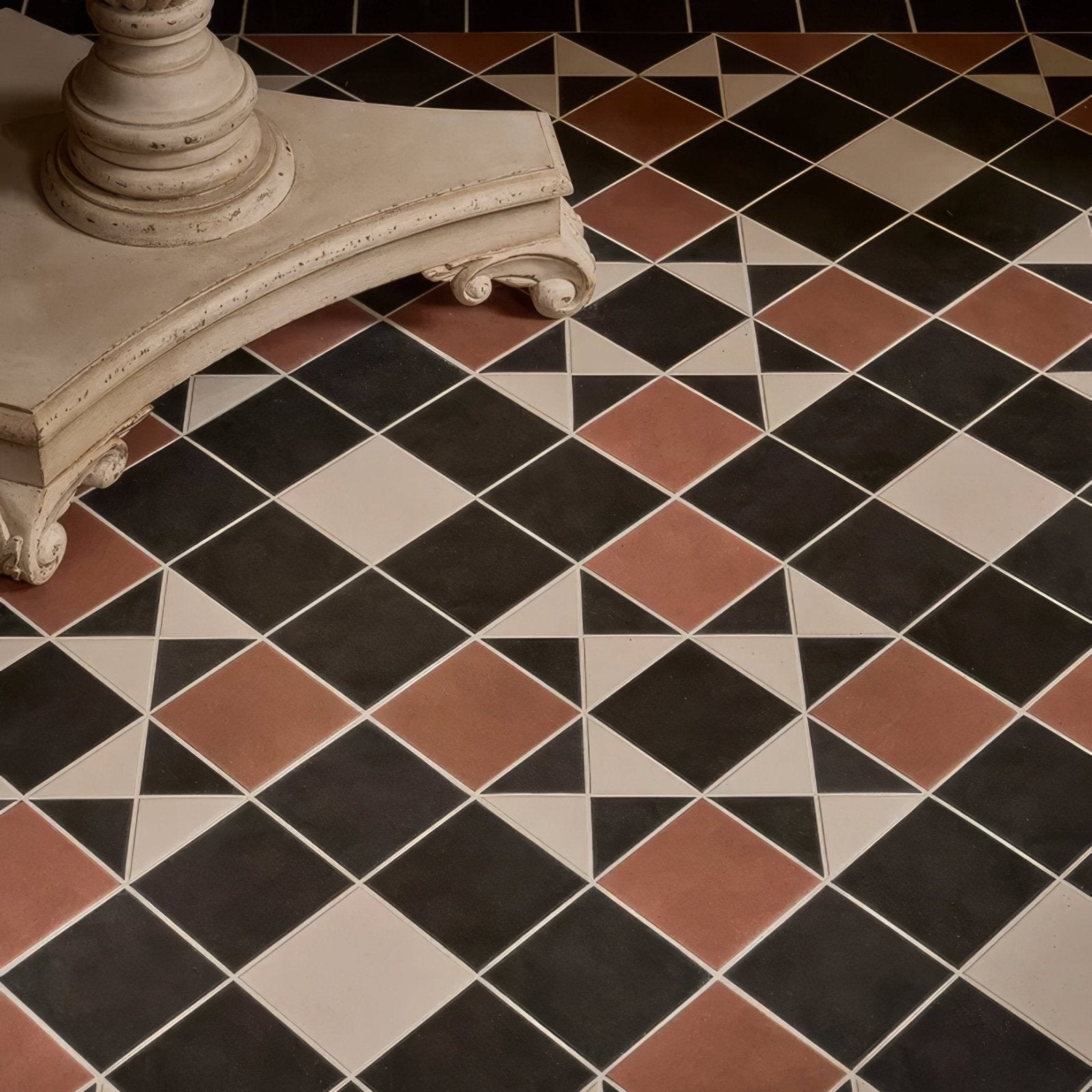 Victorian style porcelain finchley pattern floor tiles with black terracotta and cream diamond design