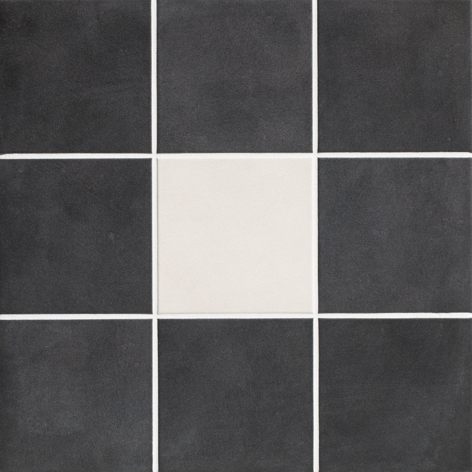 Victorian style porcelain frame with black and white matte finish square tiles arranged in a grid pattern