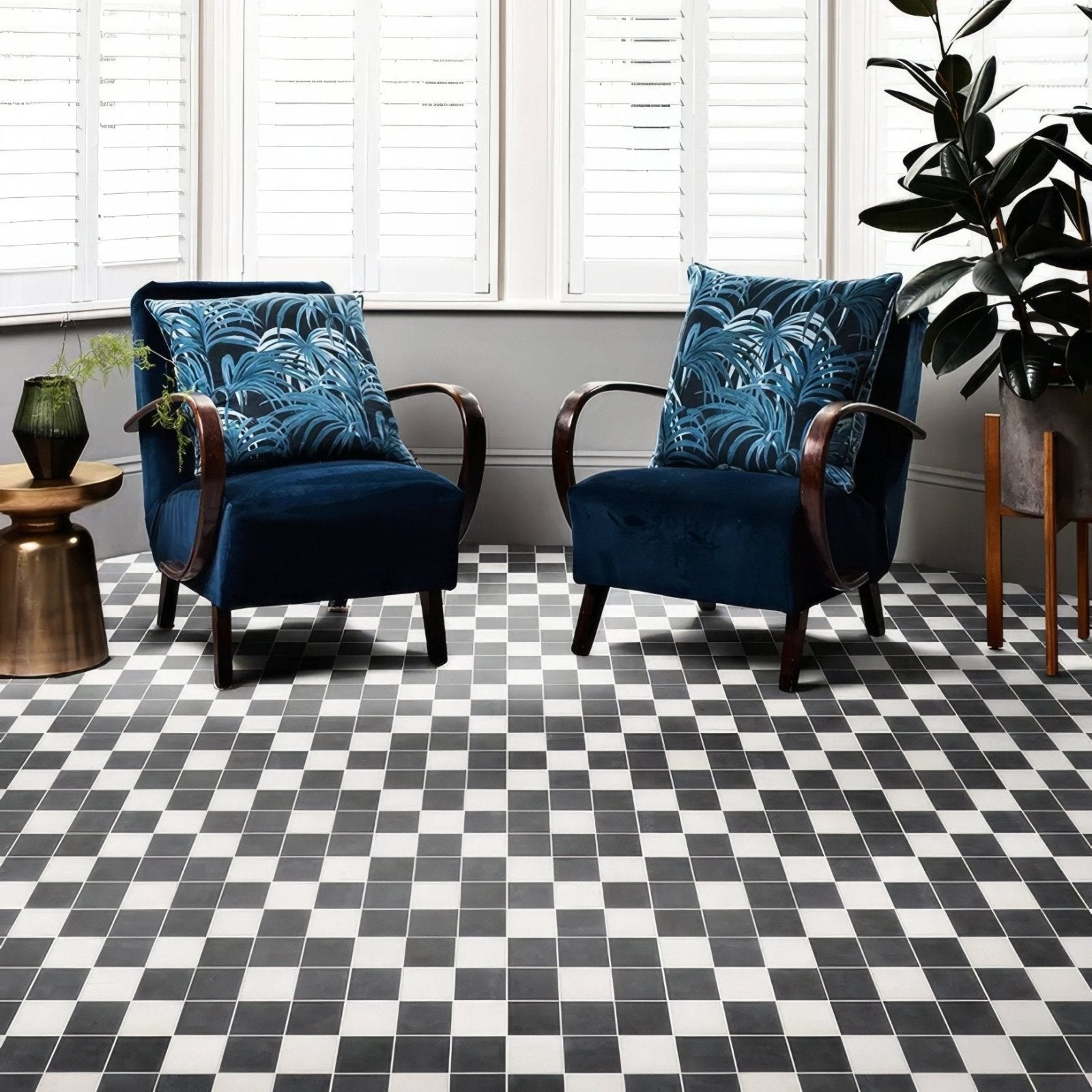 Victorian Style Porcelain Frame geometric frame border tiles with blue velvet armchairs