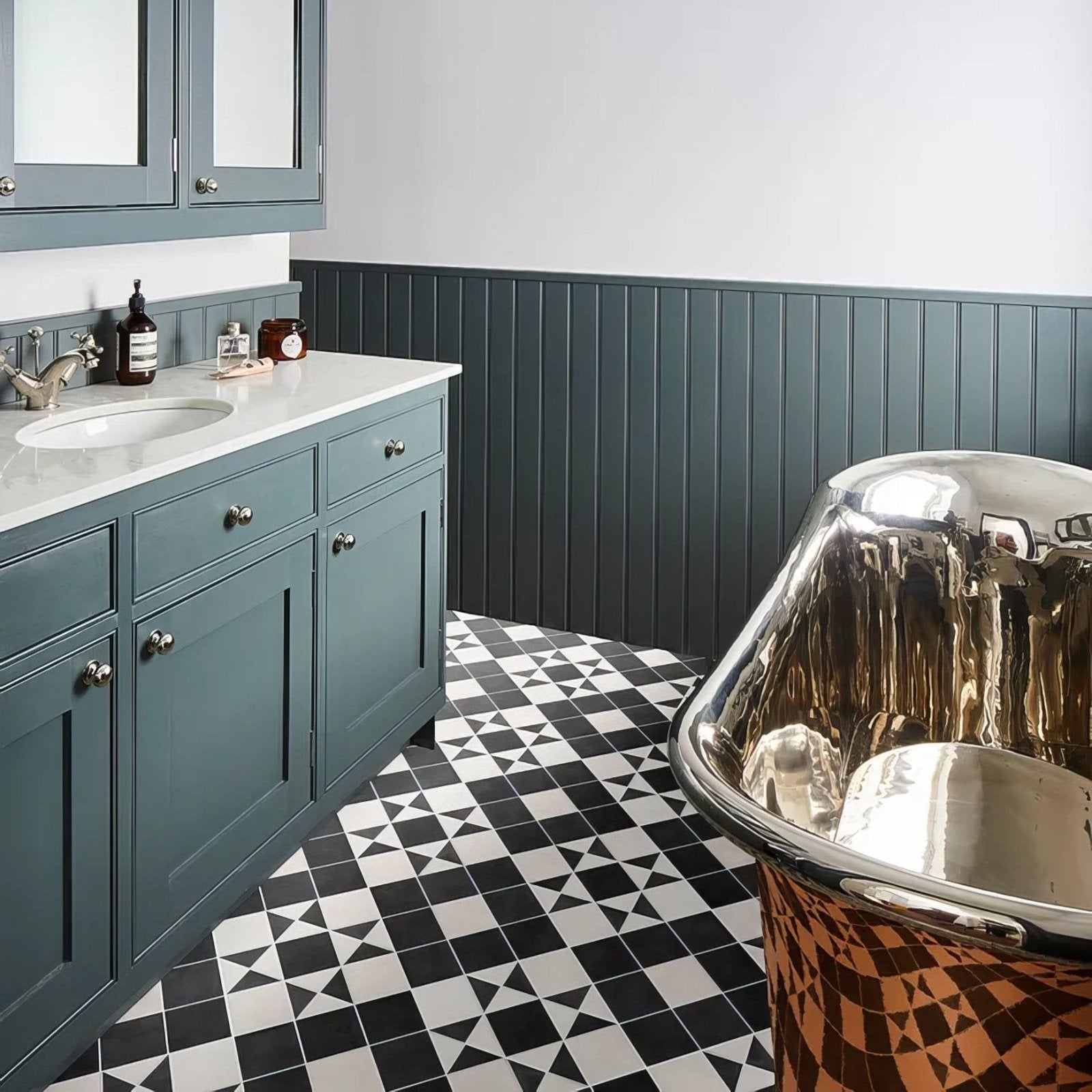 Victorian Style Porcelain Frame geometric frame border tiles with a chrome bathtub