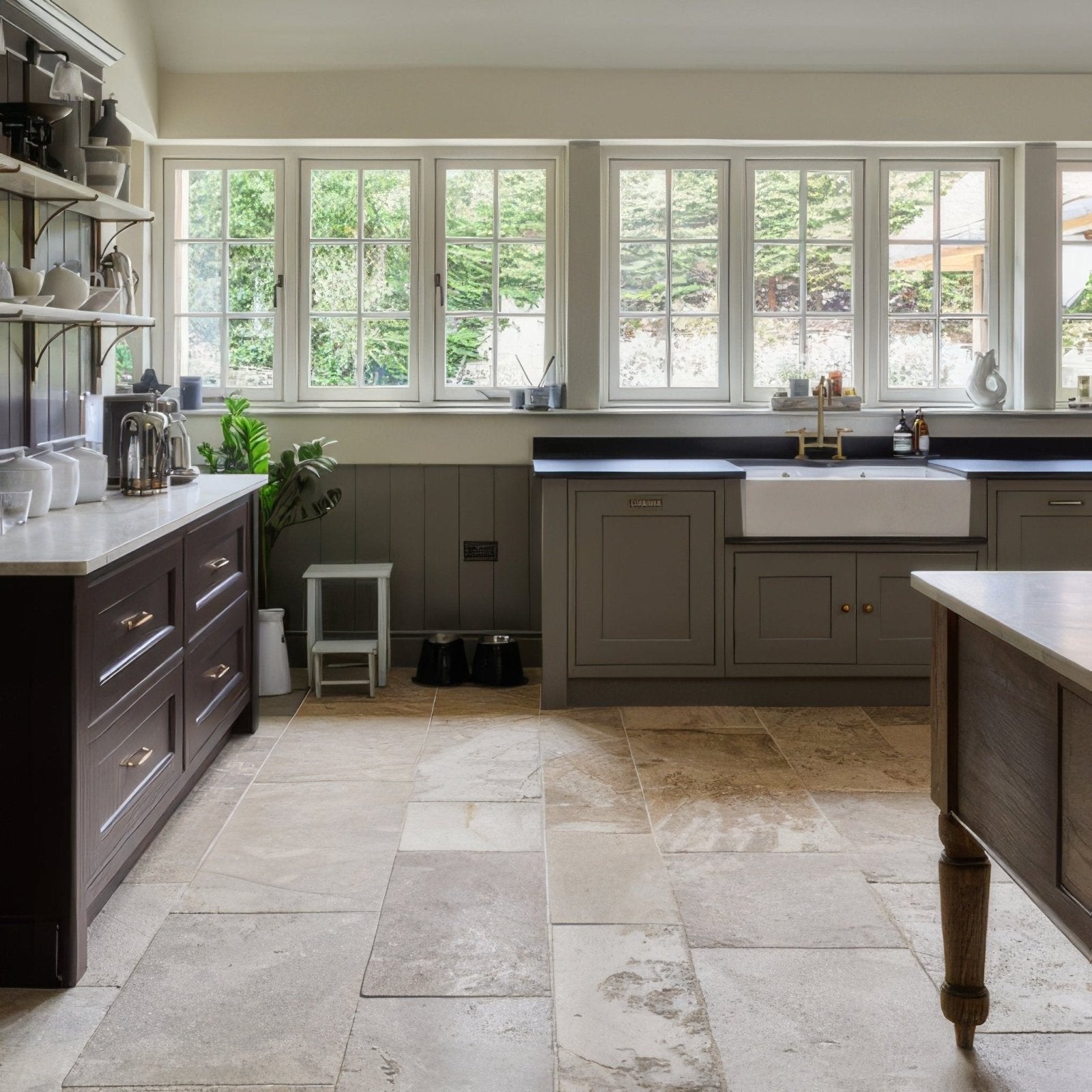 Gray farmhouse sink with white ceramic basin and brass faucet in vieux bourgogne limestone ancient finish