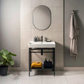 Modern white ceramic sink with sleek black metal frame and open shelving in view glacier 60x60cm design