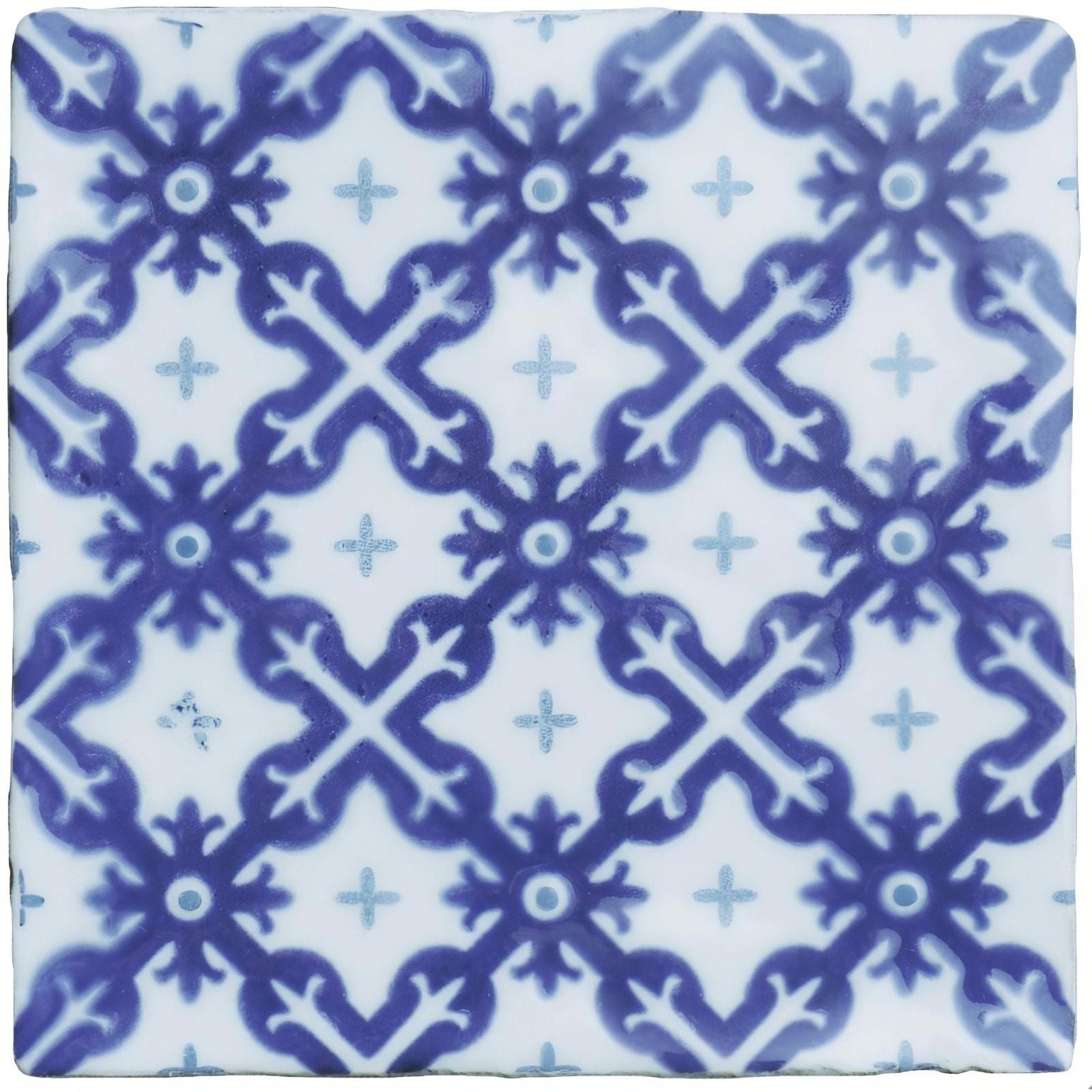 Blue and white ceramic tile villette on papyrus with intricate repeating geometric pattern