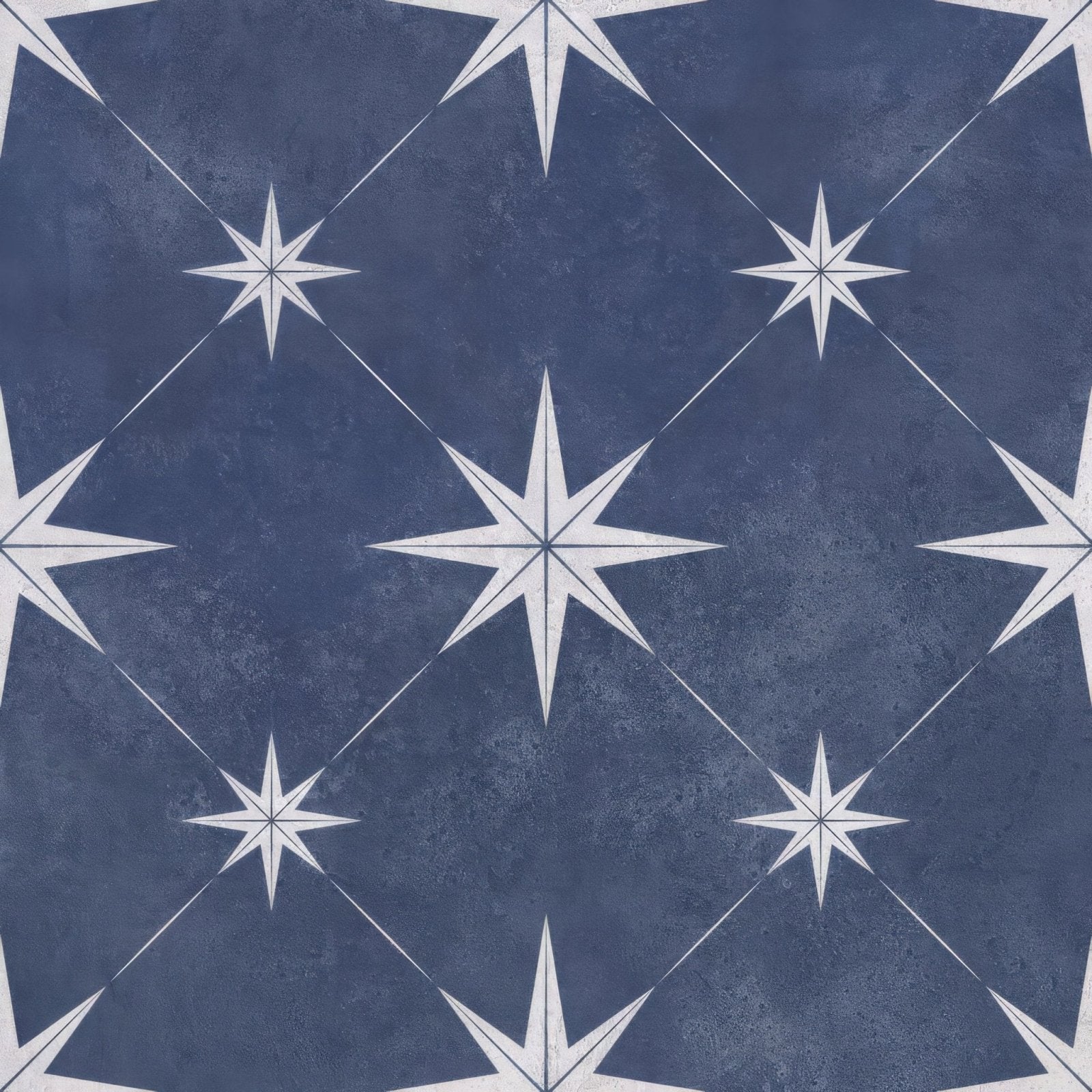 Vincent navy blue patterned vitrified ceramic tile 335x335mm with blue texture and white starburst diamond grid design