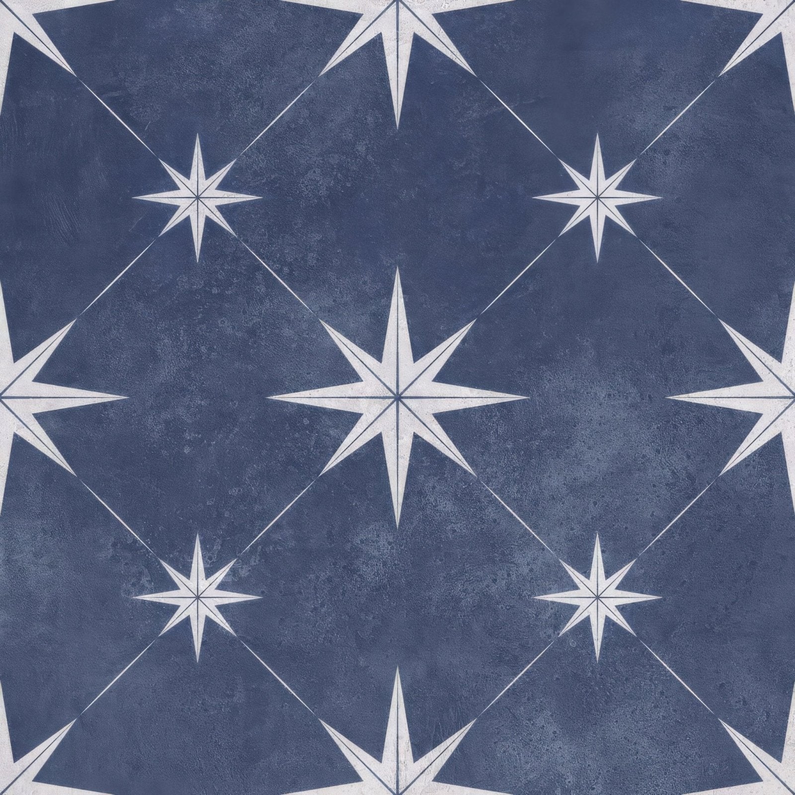Vincent navy blue patterned vitrified ceramic tile 335x335mm with blue textured surface and white starburst diamond grid design