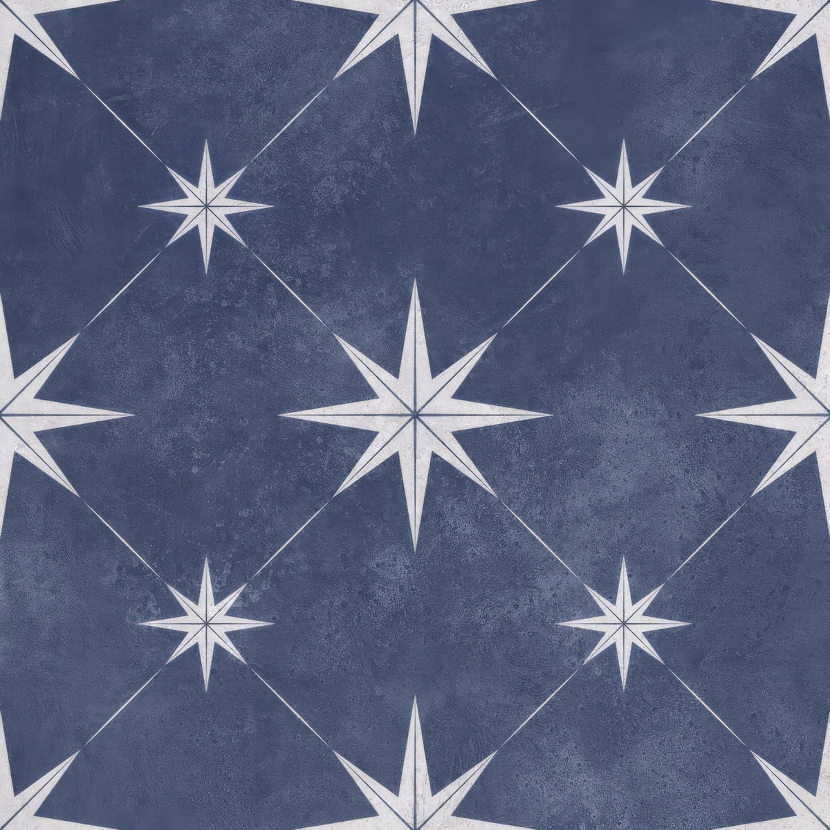 Vincent navy blue patterned vitrified ceramic tile 335x335mm with blue textured surface and white starburst diamond grid design