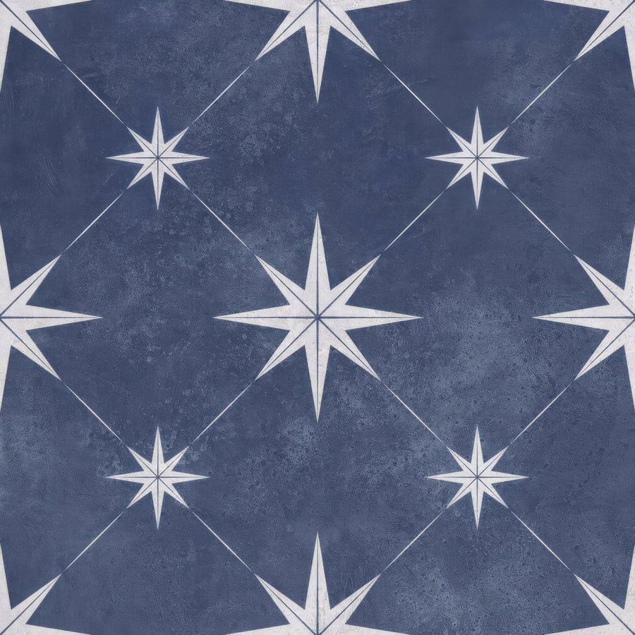 Vincent navy blue patterned vitrified ceramic tile 335x335mm with blue textured surface and white starburst diamond grid design