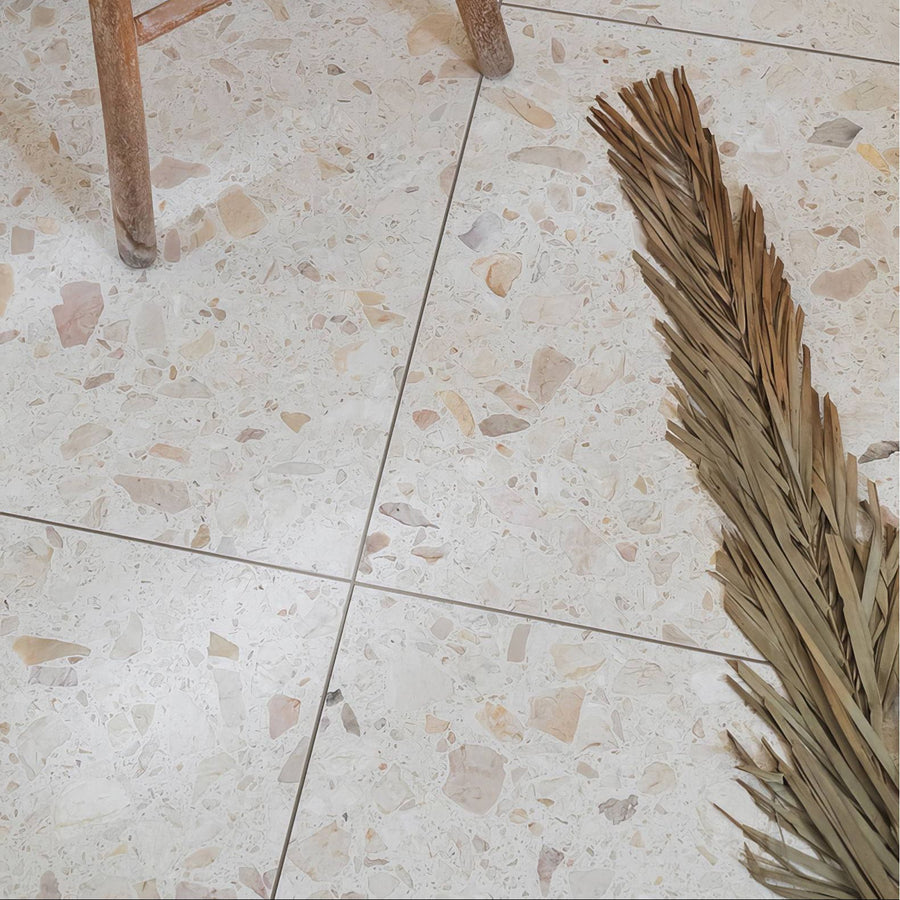 Rialto Terrazzo San Michele Honed terrazzo floor tile in beige with speckled aggregate