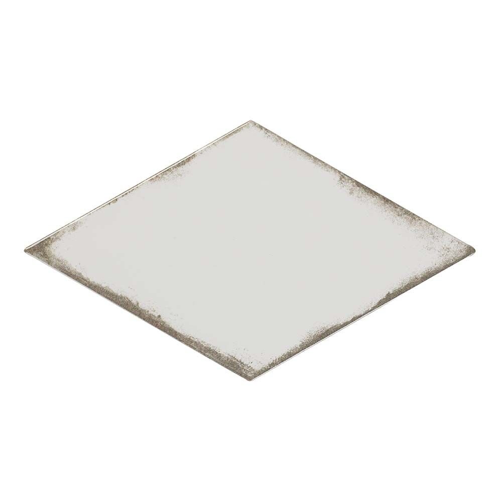 Vintage rhomboid white square distressed silver-toned metal tray with textured surface and uneven edges