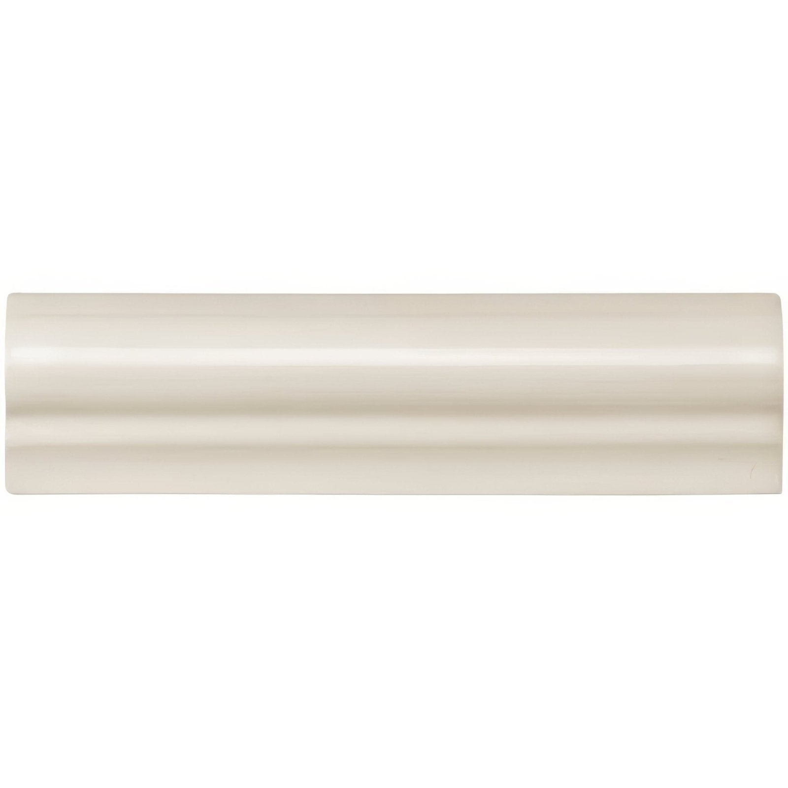 Cream-colored glossy ceramic tile with smooth rounded rectangular shape in vintage white albert moulding design