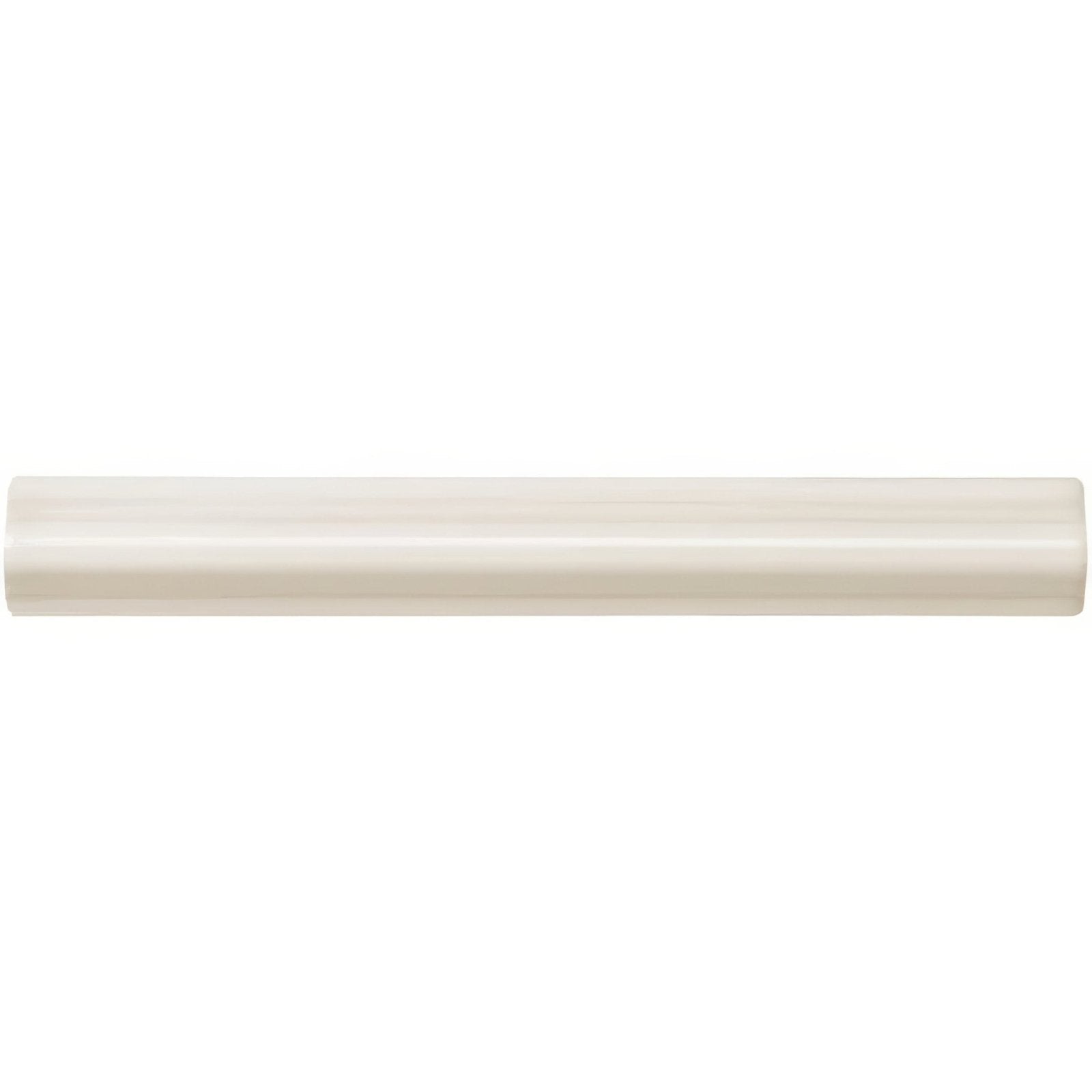 Cream-colored glossy ceramic vintage white astragal moulding tile with a smooth rounded rectangular profile