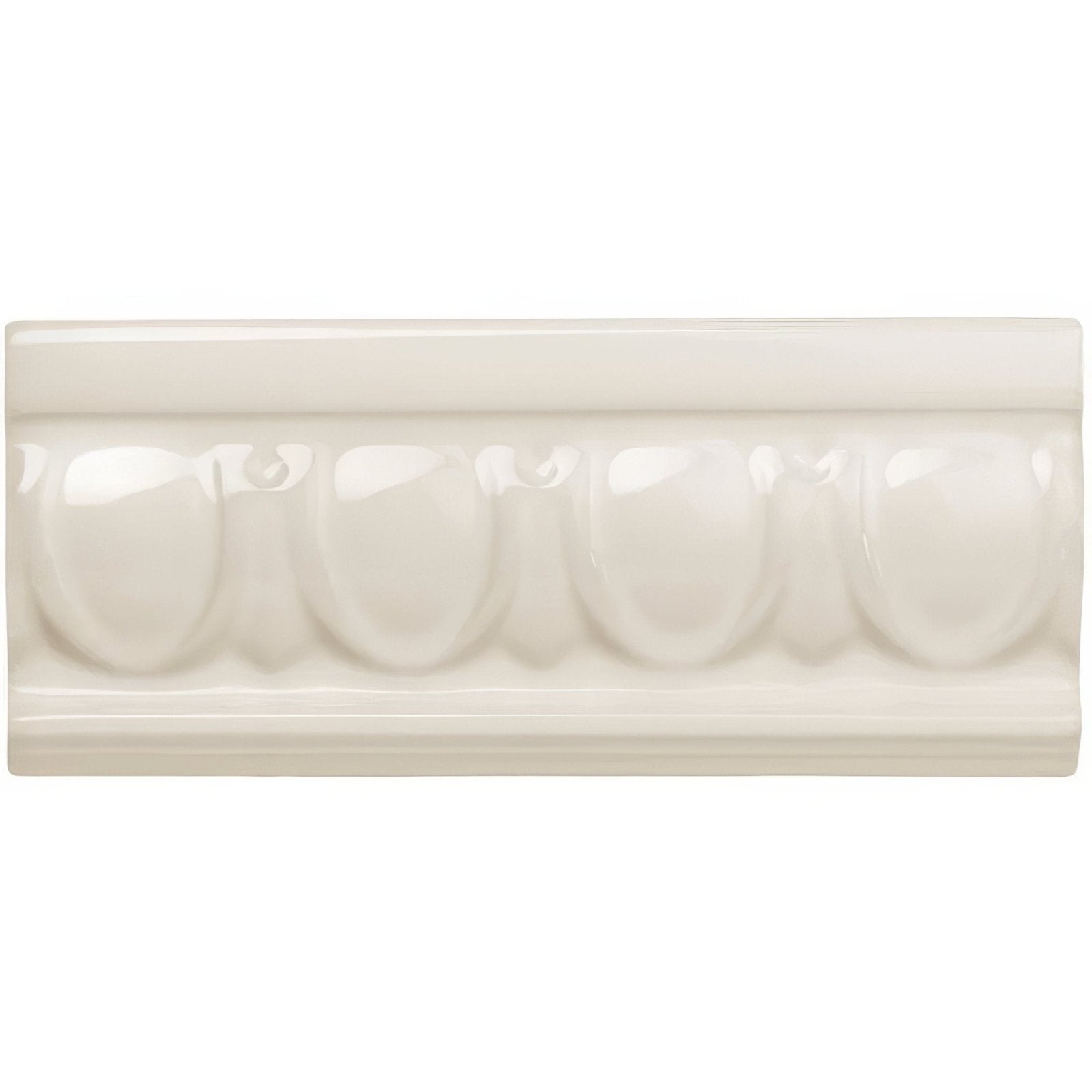 Cream-colored ceramic vintage white egg and dart crown molding with glossy finish and raised oval decorative pattern