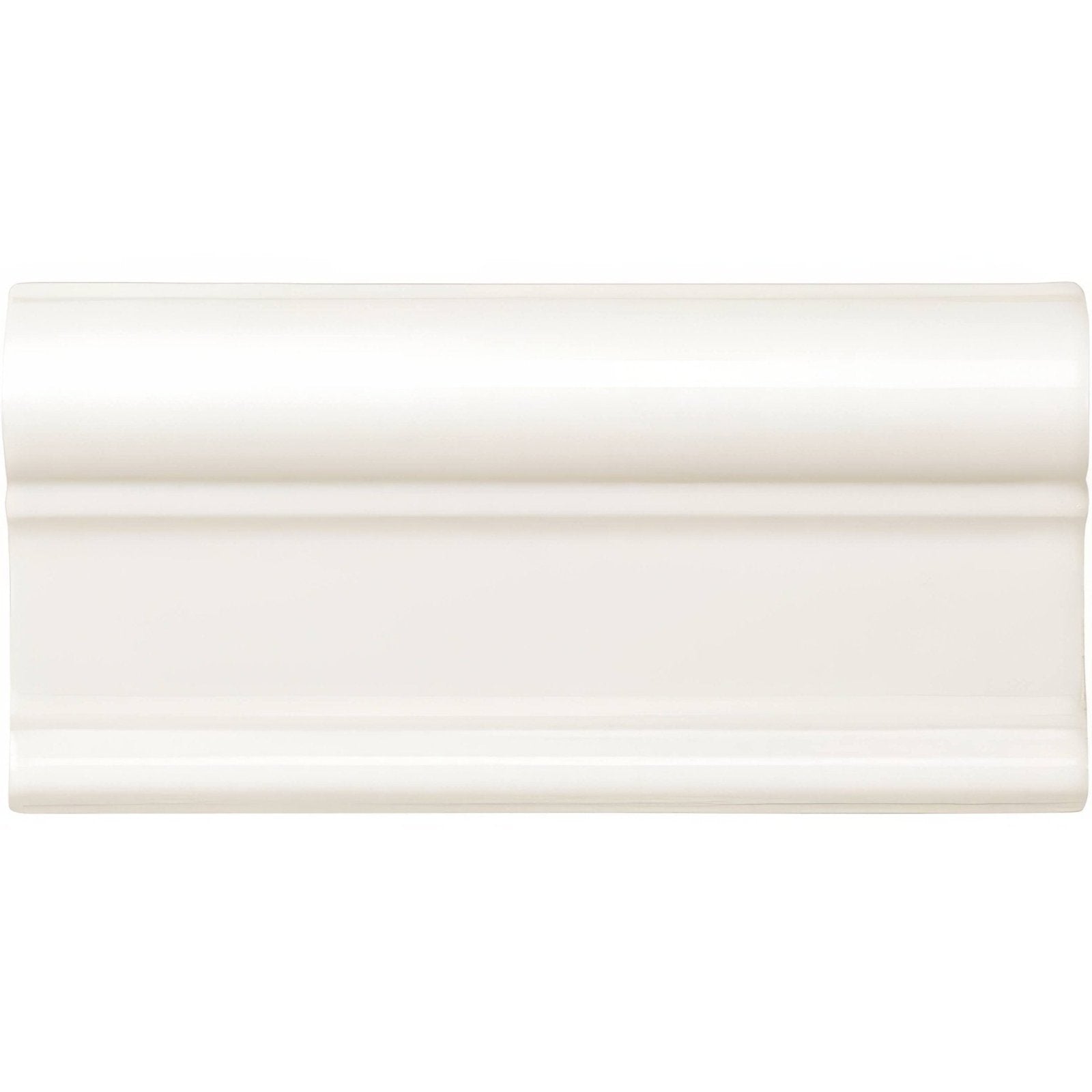 Cream-colored glossy ceramic baseboard molding with classic recessed and raised profile vintage white victoria moulding