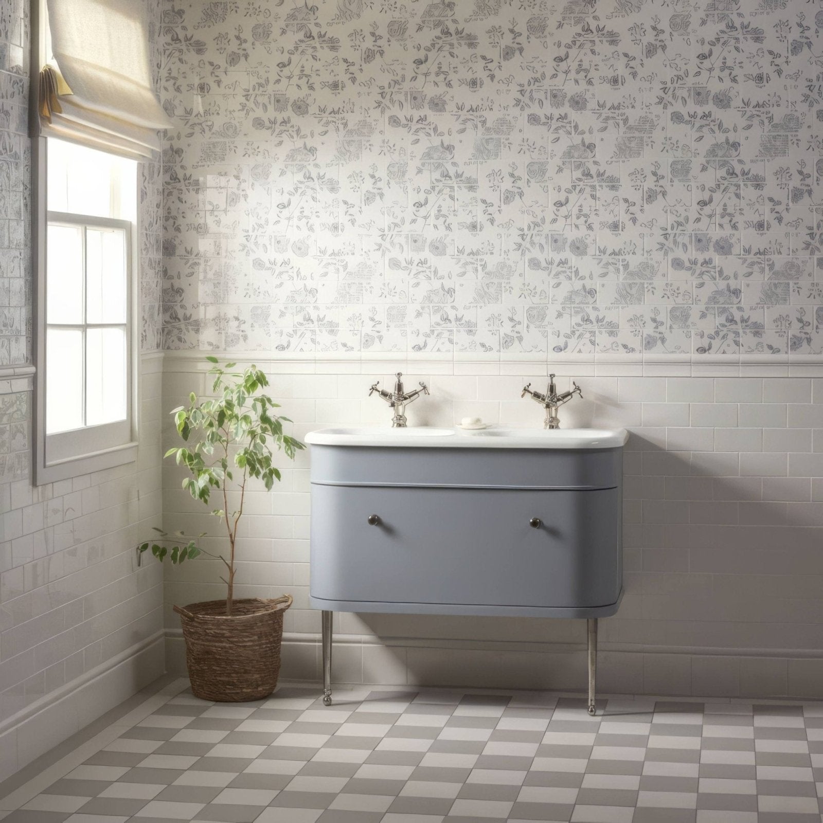 Light blue vintage vanity with two drawers chrome legs featuring white victoria moulding design