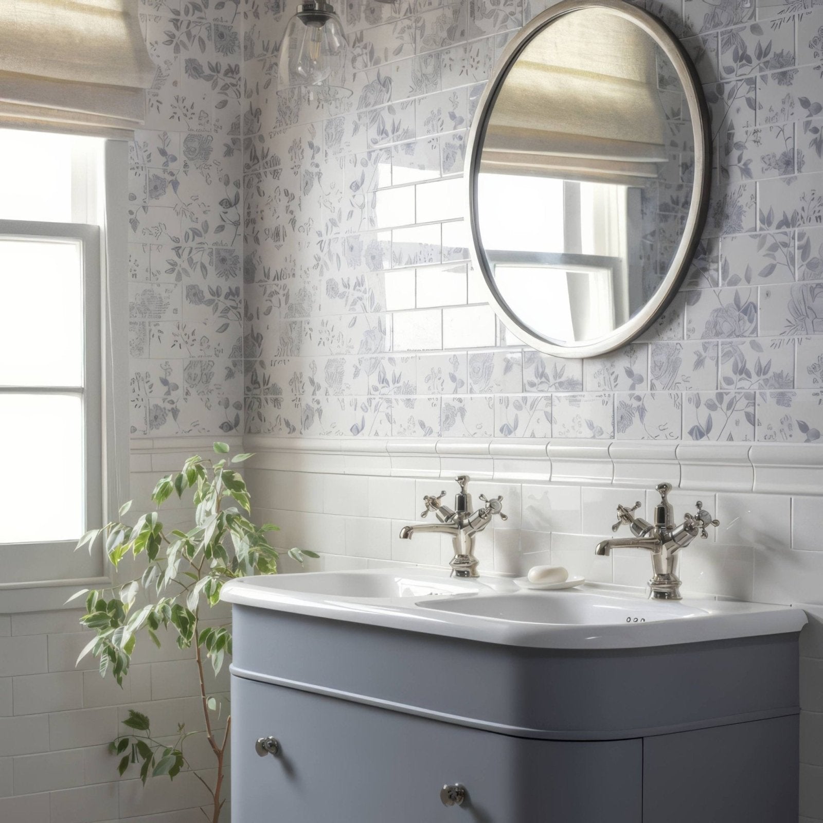 Gray vanity with white ceramic sink and silver cross-handle faucets from vintage white victoria moulding collection
